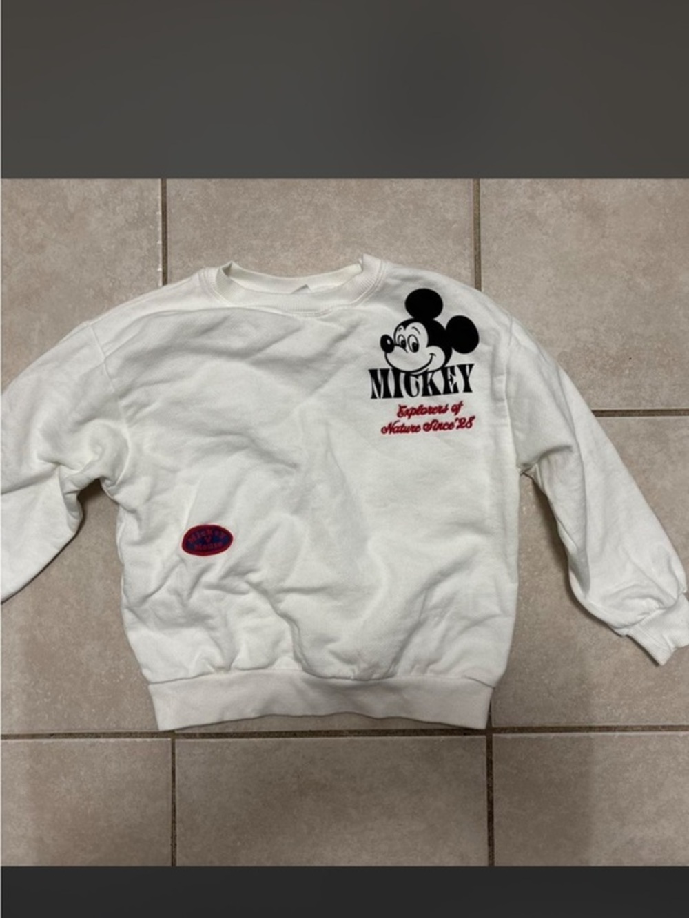 Zara White Sweatshirt with Black Mickey Graphic and Red Embroidery